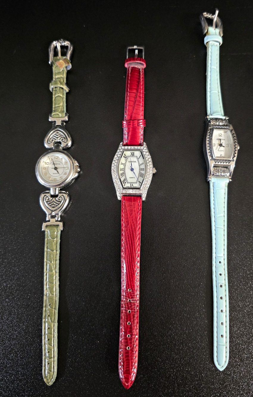 Lot of 3 Vintage Geneva Women’s Quartz Watches - New Batteries, Working Bundle